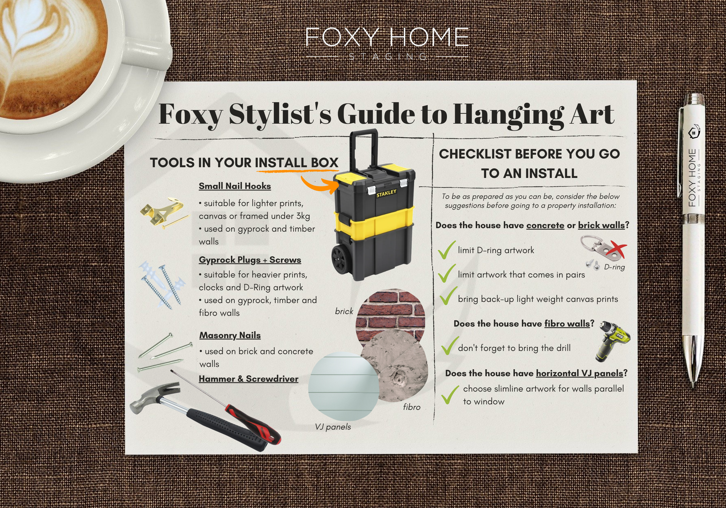 a paper and a pen containing our stylists guide on how to hang artwork