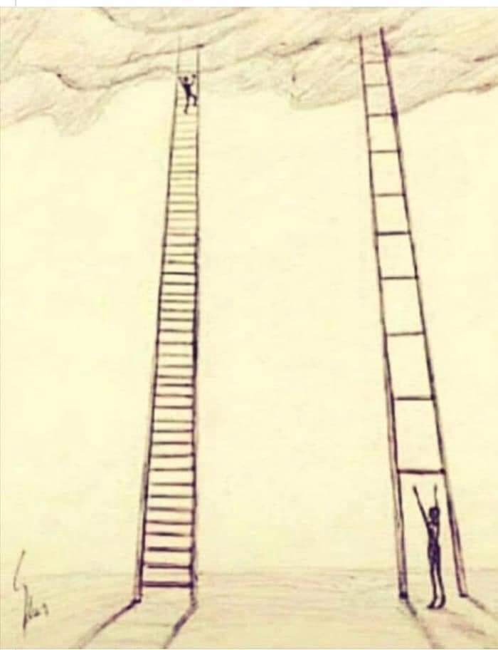 two people climbing a ladder, one has lots of small steps and the man is on top of the ladder, the other one has a few big steps put far away from each other and the man is struggling to reach it