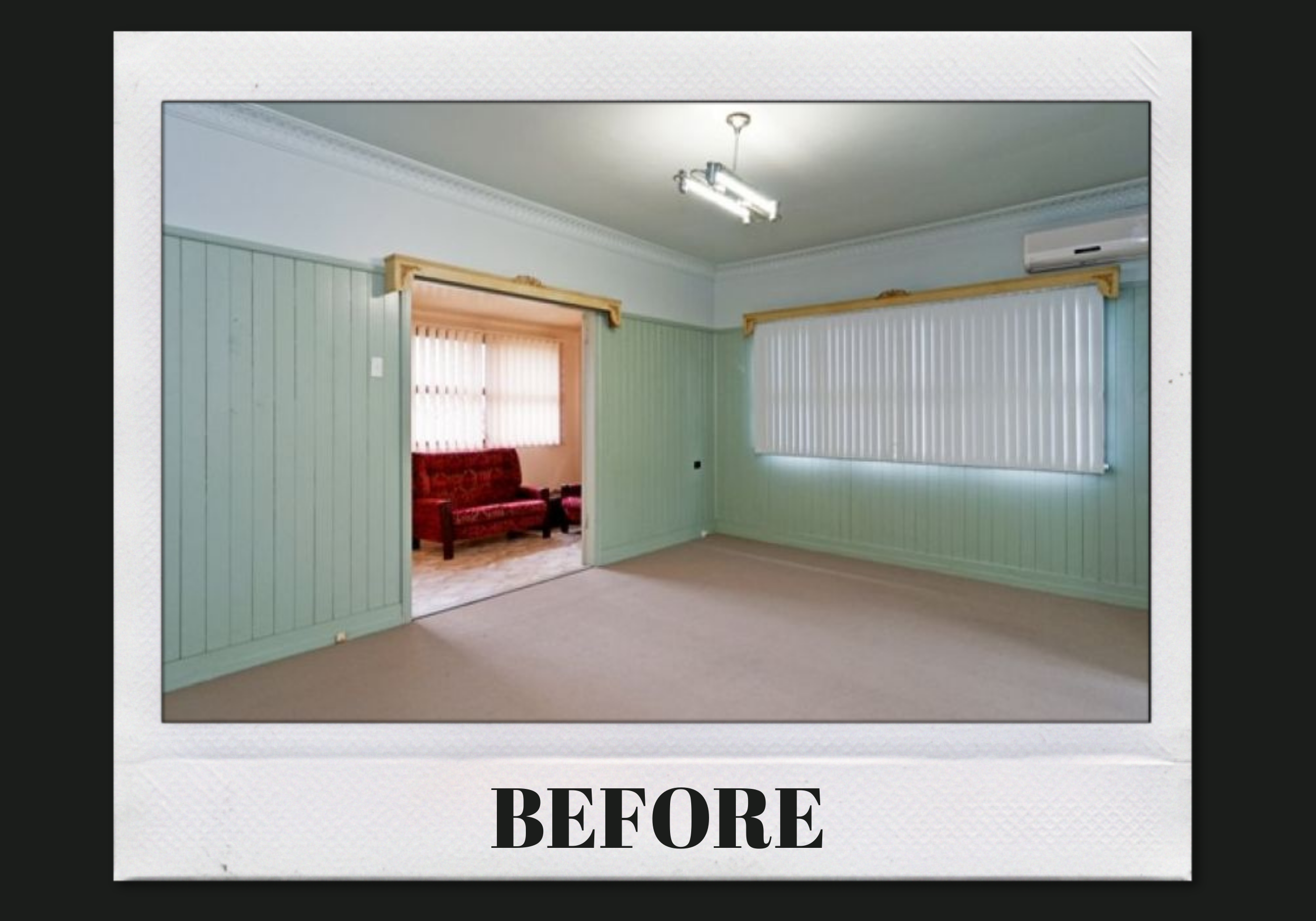 before picture of a green living room in a traditional post-war home