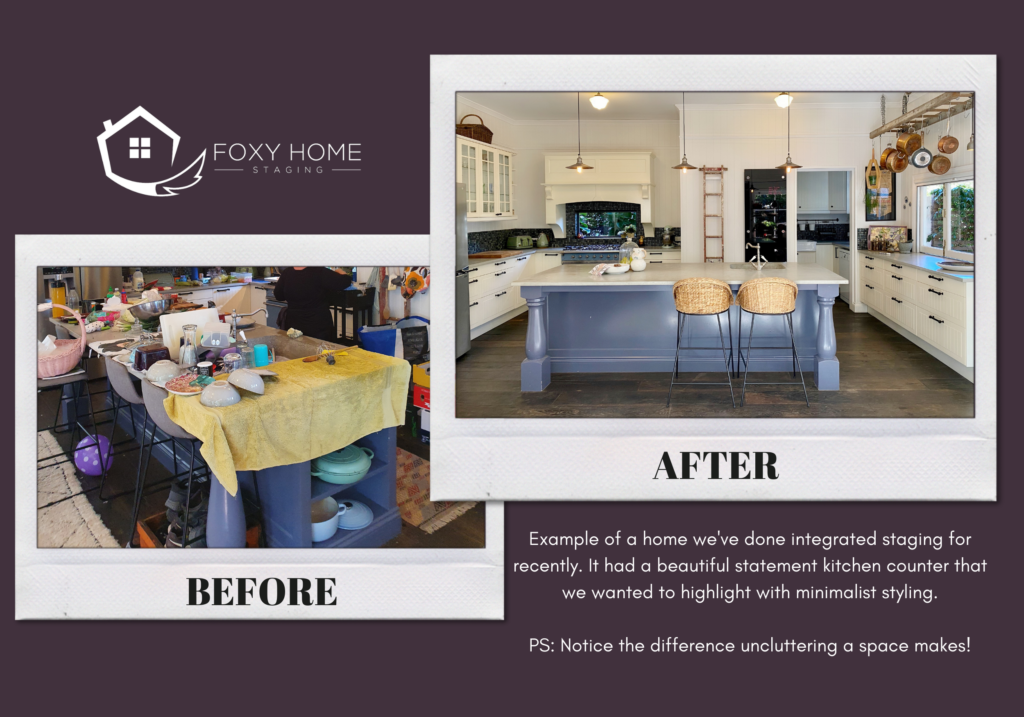 before and after picture of a kitchen we have styled recently. It has a beautiful statement blue coloured kitchen counter