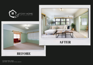 before and after images of a living room with green walls, the first picture shows an empty room and the second picture is staged with a beige couch and a stylish coffee table