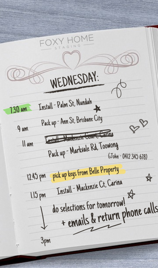 a page in a diary, stylist's schedule for the day, installs, pack-ups, selections, etc.
