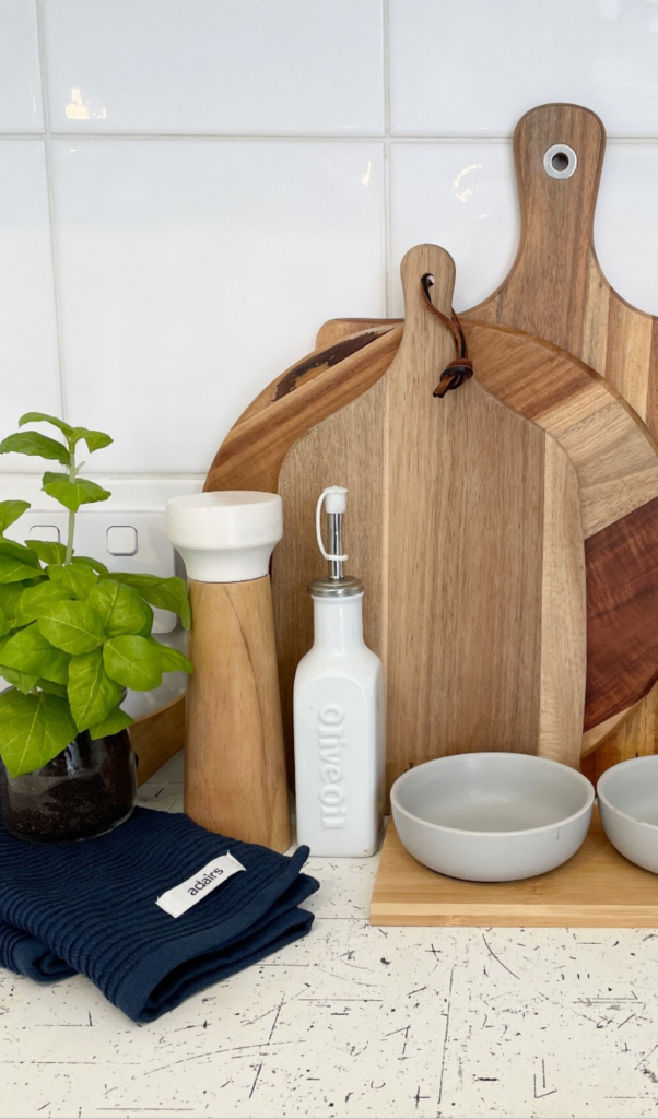 kitchen bench display with timber boards